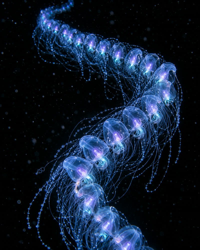 Glowing siphonophore chain