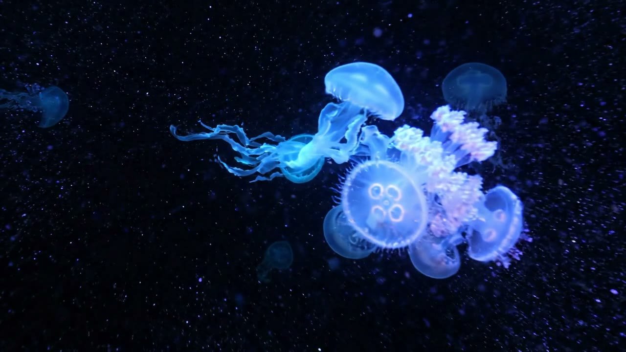 Glowing jellyfish in black water